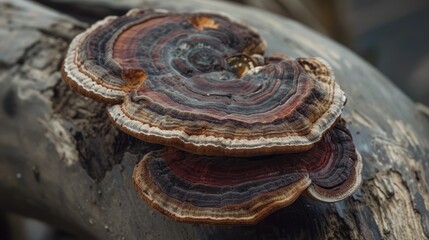 A large mushroom with a brown and red cap is growing on a tree branch. The mushroom is surrounded by a brown and green stem