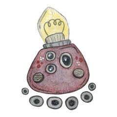 Isolate, robot on wheels with light bulb, camera eyes. Hand drawn watercolor illustration.