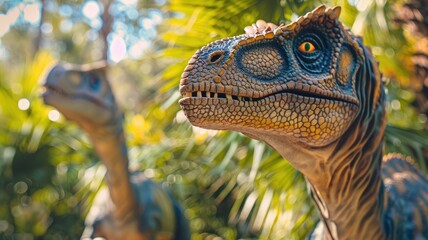 Lifelike model dinosaurs among foliage, with focus on head of one dinosaur