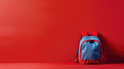Blue and grey backpack against red background with ample copy space - Powered by Adobe