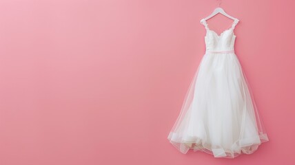 Elegant white wedding dress hanging against pink background