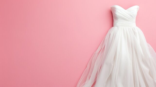 Elegant white bridal gown against pink background, no person visible, wedding dress displayed