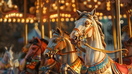 A whimsical carousel with ornate horses.