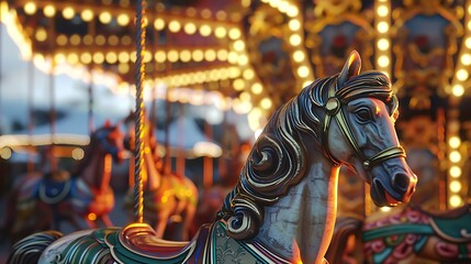 A whimsical carousel with ornate horses.