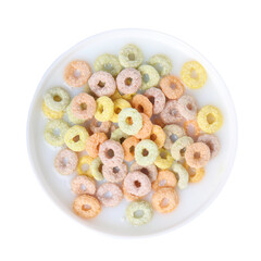 Tasty colorful cereal rings and milk in bowl isolated on white, top view