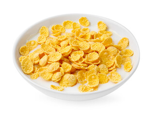 Breakfast cereal. Corn flakes and milk in bowl isolated on white