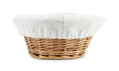 One empty wicker bread basket isolated on white - obrazy, fototapety, plakaty