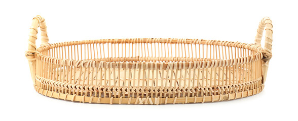 One empty wicker bread basket isolated on white
