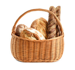Wicker basket with different types of fresh bread isolated on white
