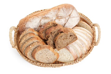 Different types of bread in wicker basket isolated on white, top view