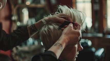 Hands of unrecognizable professional hairdresser drying hair of her client, new haircut, blonde female customer