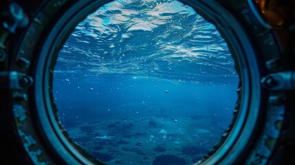 Through a porthole a glimpse of the vast ocean floor where the neutrino observatory is stationed ready to uncover secrets of the universe. - obrazy, fototapety, plakaty