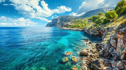 Idyllic sea view of the Mediterranean Sea Spain, at the coastline of Majorca island, Balearic...