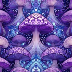 Magical Mushroom Pattern in Kaleidoscope of Violet Shades and Tones. Psychedelic Fantasy. Seamless Repeating Tile.