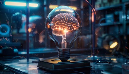 A brain encased in a cryogenic pod thats shaped like an idea light bulb, glowing from within
