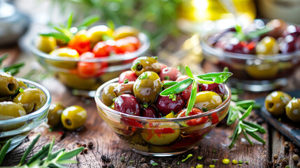 fresh tomatoes and olives in olive oil on wooden table, closeup
