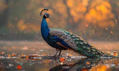 Peacock strutting beside a reflective pond, early morning, serene atmosphere