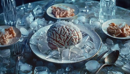 Fototapeta premium A brain placed on an icefilled plate at a surreal dinner table, surrounded by frozen cutlery