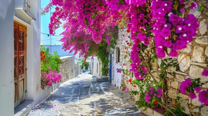 Naxos, Greece, May 20, 2017: Typical Greek street with summer flowers. Naxos island. Cyclades. Greece - obrazy, fototapety, plakaty