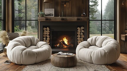 Two chairs near the fireplace. Country, farmhouse home interior design of modern living room.