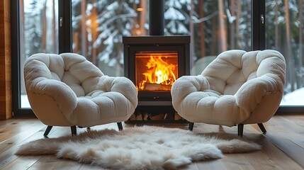 Two chairs near the fireplace. Country, farmhouse home interior design of modern living room.