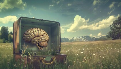 A brain resting in a vintage icebox, frozen in the middle of a serene meadow