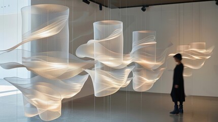 A series of hanging mobiles made of translucent strings depicting the graceful movements and interactions of particles proposed by superstring theory.