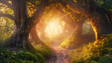 Magical forest with beautiful sunlight