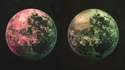 Two surreal moons with vibrant pink and green hues against a dark space background.