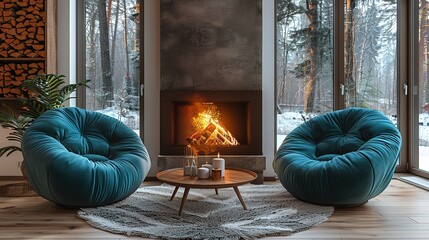 Two chairs near the fireplace. Country, farmhouse home interior design of modern living room.