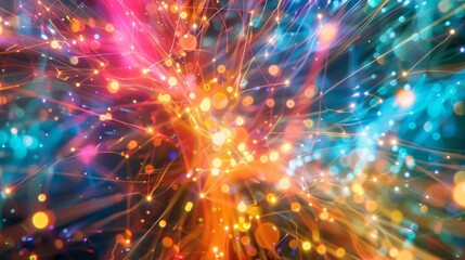 An explosion of light and color conveying the intense energy involved in particle interactions as shown in Feynman diagrams.