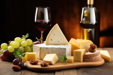 A rustic cheese platter featuring a variety of cheeses complemented by red wine, grapes, and nuts, perfect for a sophisticated dining or social event.