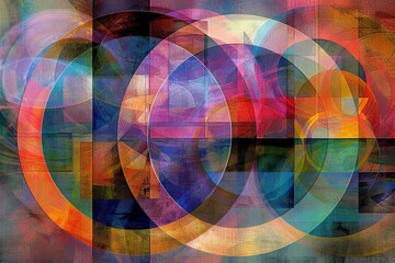 Obraz premium A dynamic image of colorful circles and squares overlapping with varying transparency, creating layers of depth