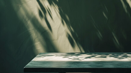 Empty table and dark green wall. Table with sun reflections and leaves shadows. Generative Ai