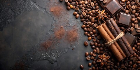 Horizontal images of different types of chocolates and spices, cinnamon, coffee. Space for text....