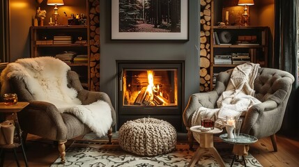 Two chairs near the fireplace. Country, farmhouse home interior design of modern living room.