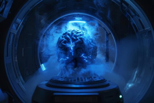 A futuristic vision of a brain being flashfrozen in a hightech cryogenic chamber, glowing with blue light