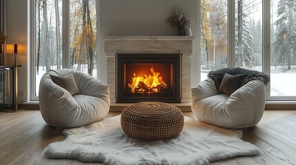 Two chairs near the fireplace. Country, farmhouse home interior design of modern living room.