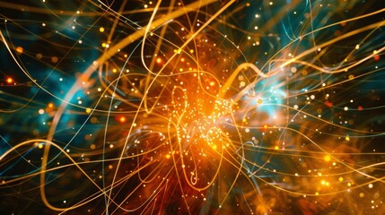 The energy lines between the quarks are shown as constantly shifting and changing representing the everchanging nature of the subatomic world.