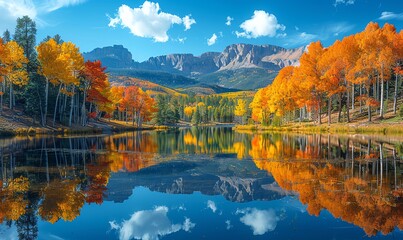 Naklejka premium Tranquil mountain lake mirroring the vibrant autumn colors, serene morning