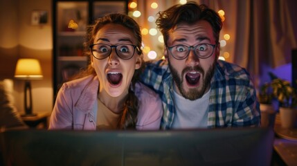Fototapeta premium Couple with shocked expressions using a computer late at night at home.