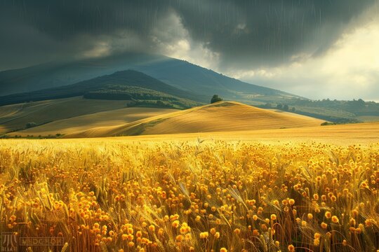 A field of yellow grass with a cloudy sky in the background