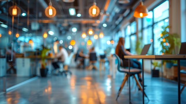 Busy office scene blurred for a dynamic workplace feel in AI Generative.