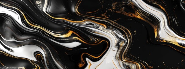 Obraz premium A black and white swirl of liquid gold flowing through it, with metallic sheen and a touch of futuristic elegance.