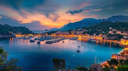 Port de Soller during sunset. Beautiful dusk at travel destination in Mallorca, Spain. Illuminated old town of the Balearic Islands