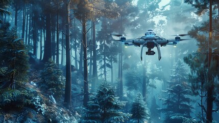 Capture a high-angle view of a futuristic robotic drone capturing infrared images of nocturnal wildlife in a dense forest, blending nature with advanced tech in digital rendering techniques - Powered by Adobe