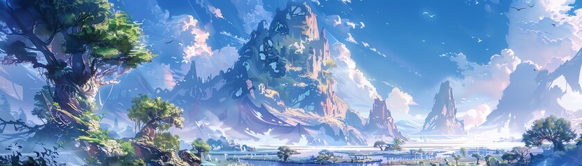 Capture the enchanting world of Isekai through a unique tilted angle view, using watercolor to bring vibrant landscapes to life