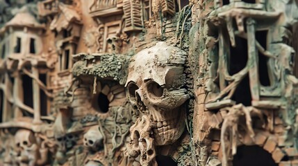 Fototapeta premium Craft a clay sculpture depicting a surrealistic dystopian scene in a close-up view, showcasing intricate detailing of distorted buildings and eerie vegetation Incorporate unexpected camera angles to h