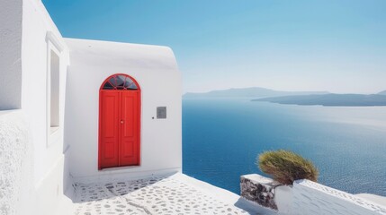 Traditional white architecture and red door overlooking the Mediterranean sea in Oia Village on...