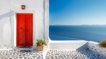 Traditional white architecture and red door overlooking the Mediterranean sea in Oia Village on Santorini Island, Greece. Scenic summer travel and vacation background. Luxury tourism background